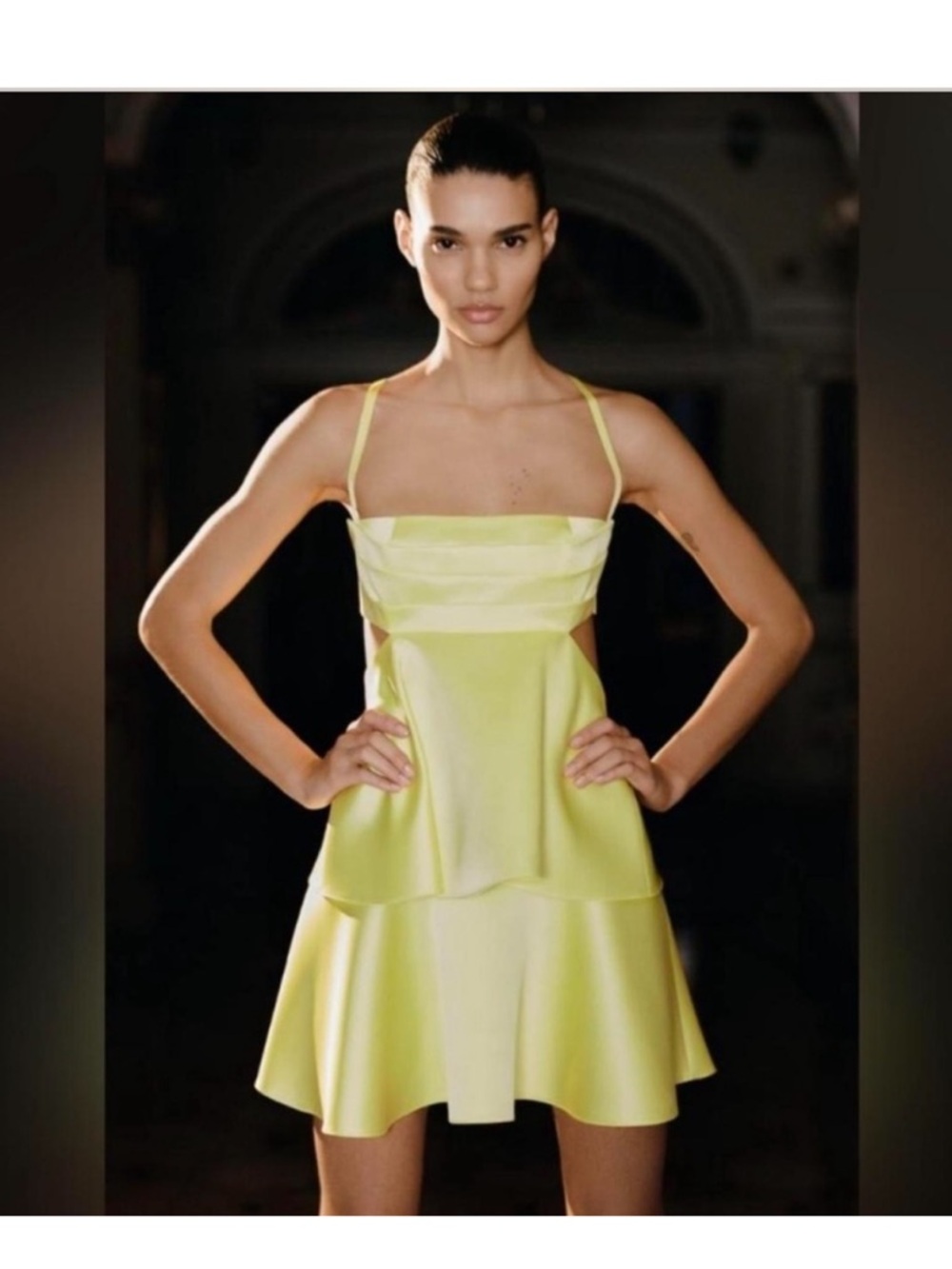 Zara Lemon Satin Mini Dress with Cutout Sides
